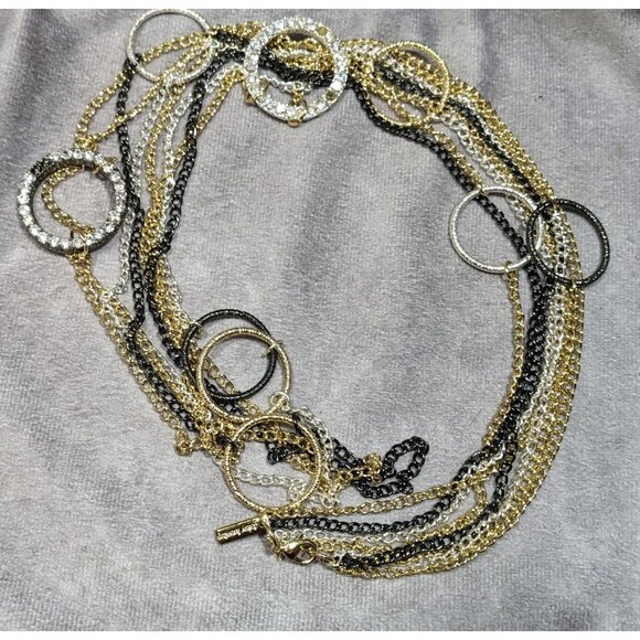 Daisy Fuentes Multi Metallic Layered Chain Necklace With Rhinestone Rings - Picture 6 of 6
